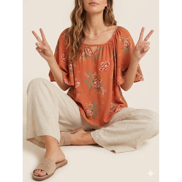 Copper Key Tops - Copper Key Orange Floral Tiered Flutter Sleeve Blouse Top Feminine Womens Medium